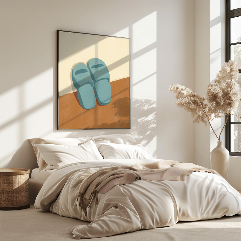 Blaue Hausschuhe auf braunem und beigem Hintergrund | Poster
