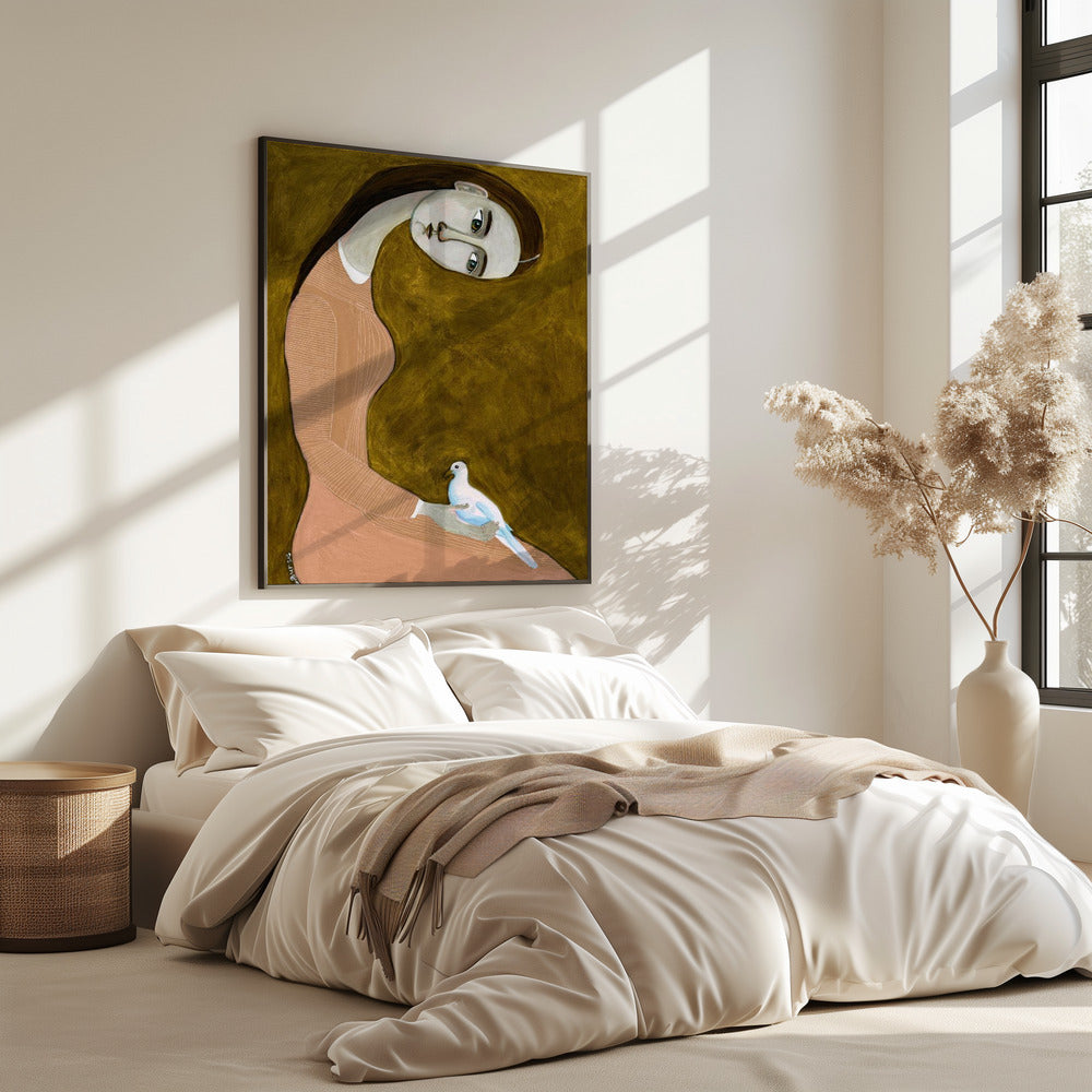 Mädchen mit Taube sitzend im rosa Kleid | Poster