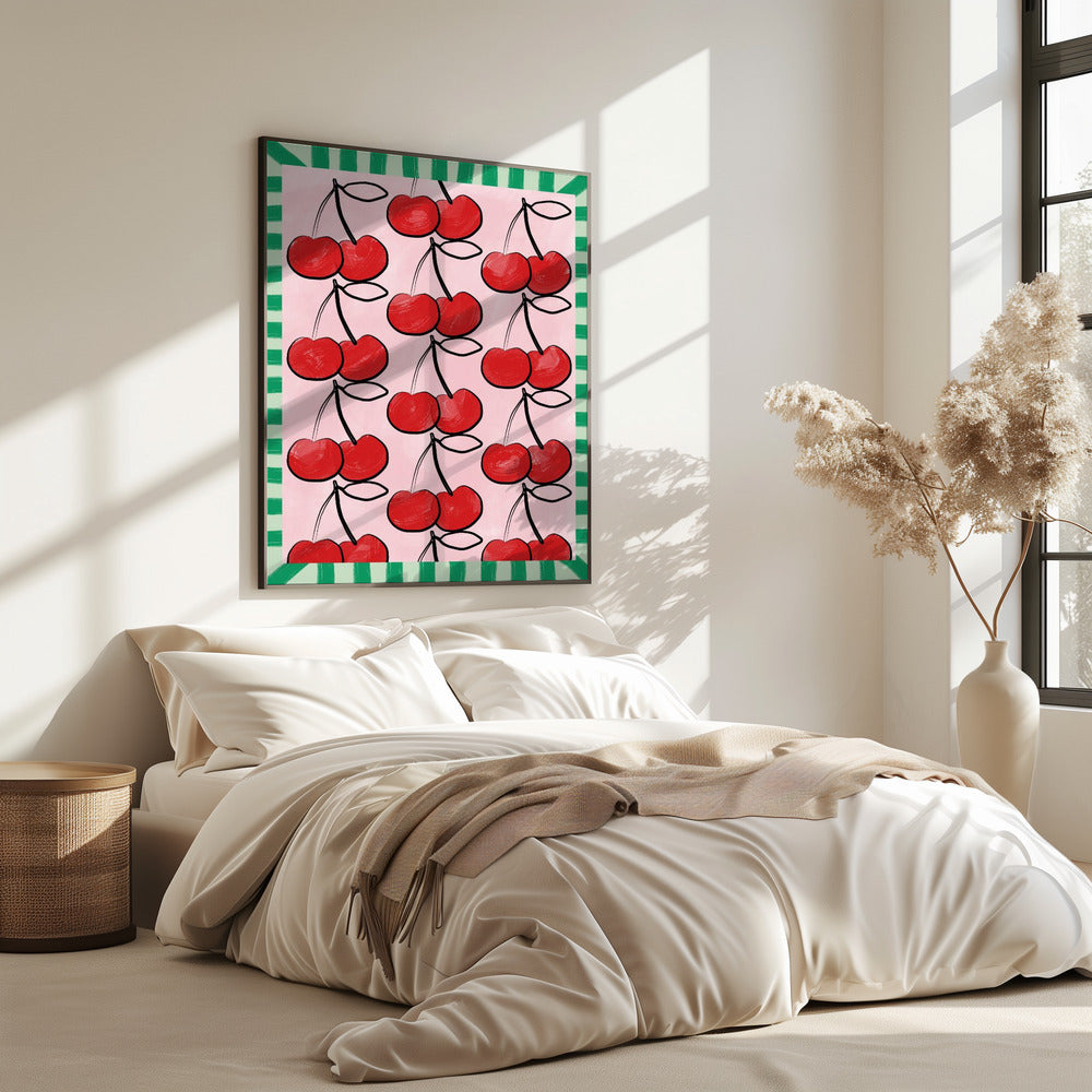 Rote Kirschen auf einem rosa | Poster