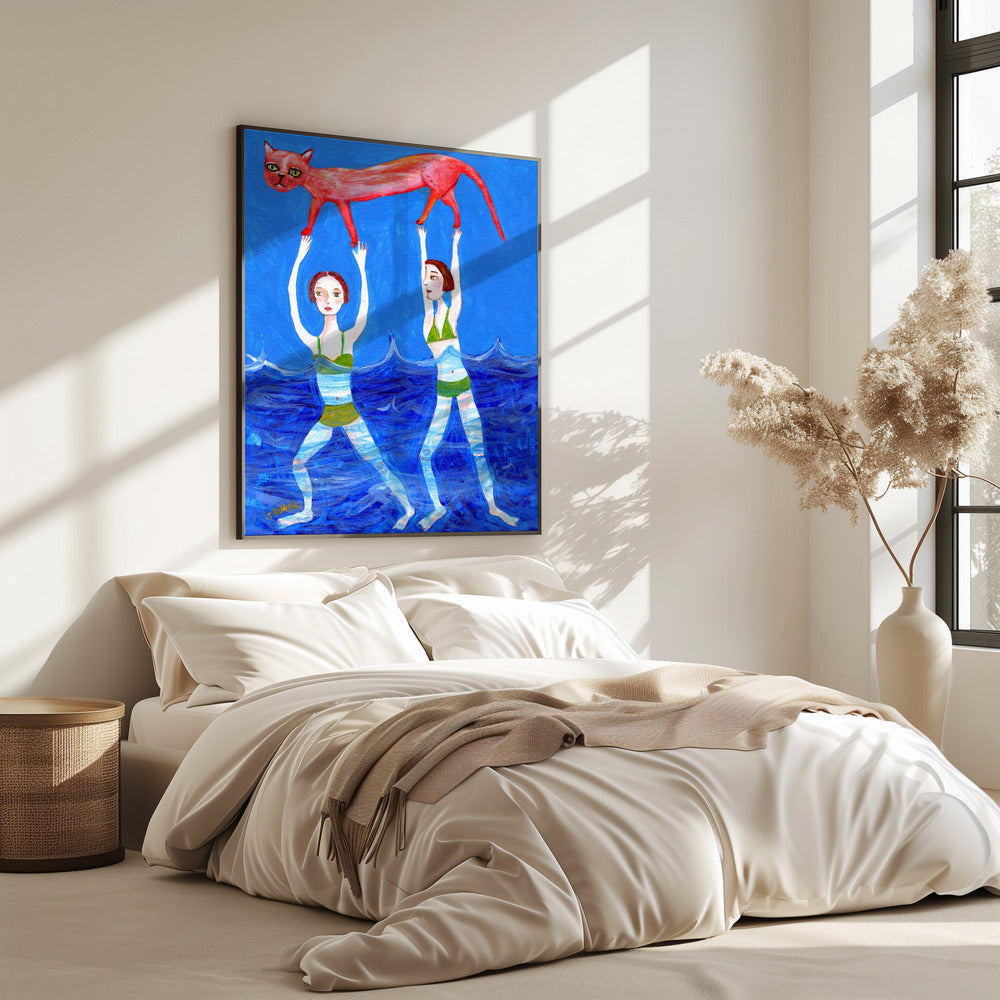 Zwei Schwimmer mit rosa Katze | Poster
