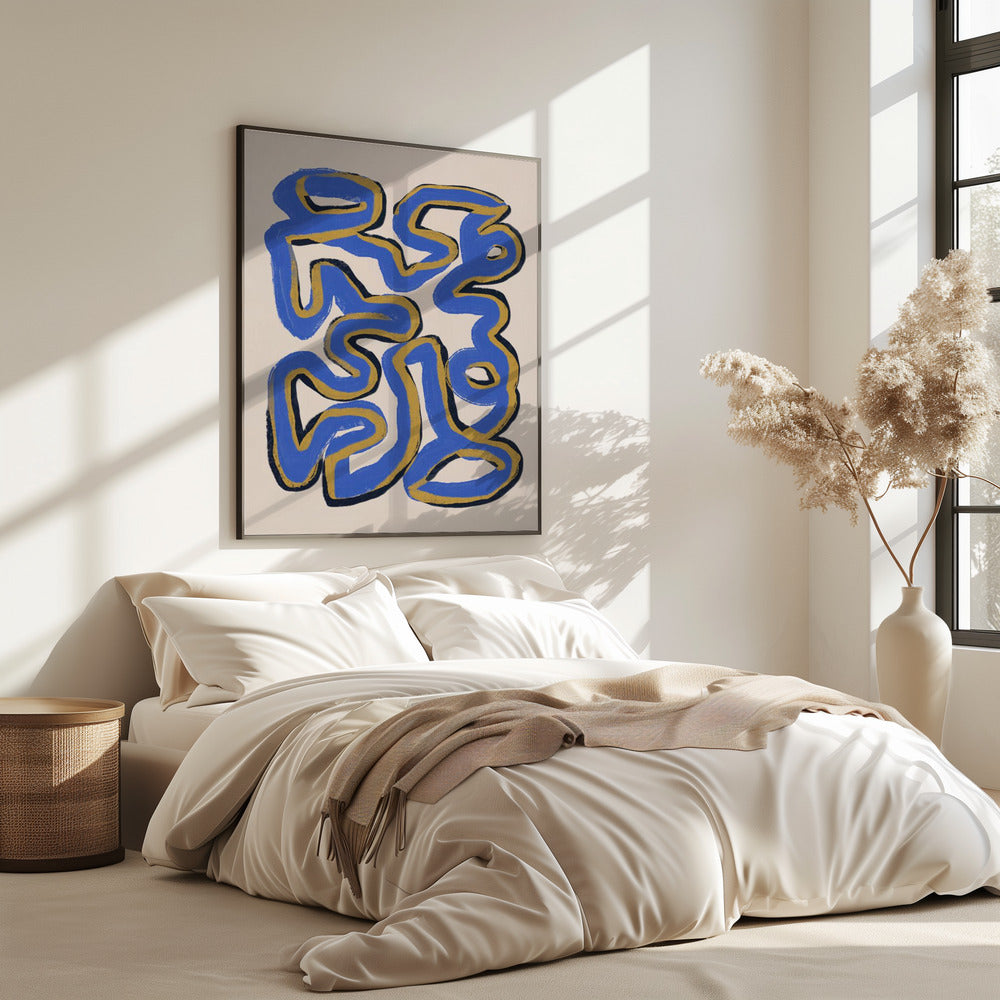 Ineinander verschlungene blaue und ockerfarbene Linien | Poster
