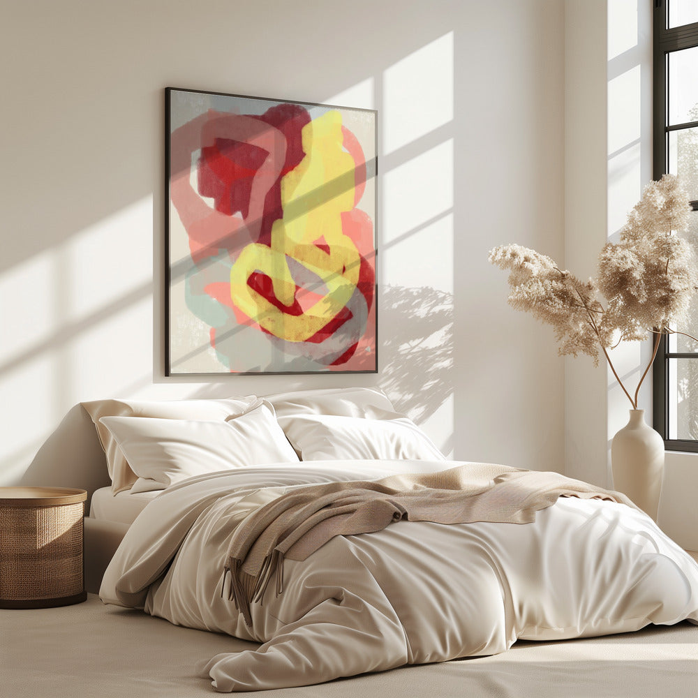 Abstrakte Malerei in Pastell. Gelb, Rot und Grau. | Poster