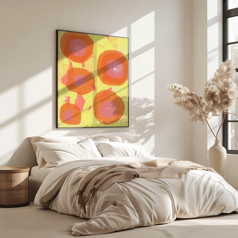 Abstrakte Malerei. Boho-Rosen in Orange und Pink auf Gelb. | Poster