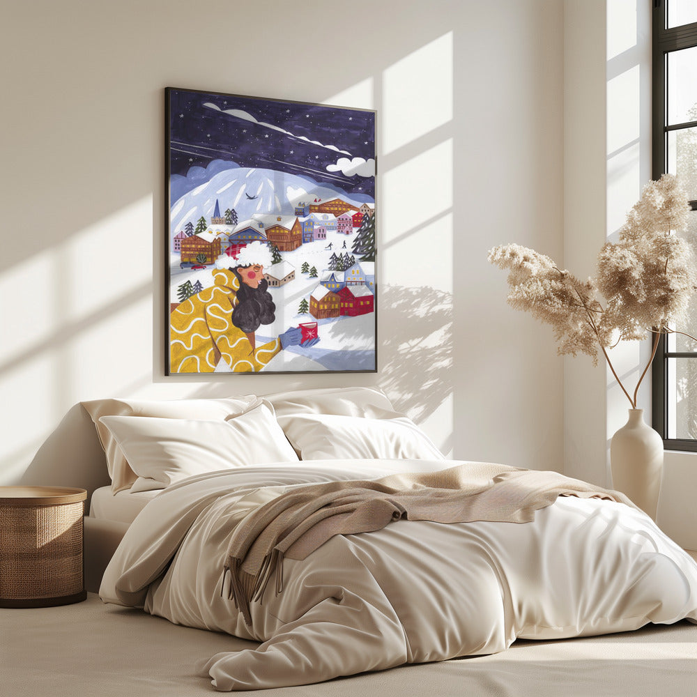 Winterlandschaft mit Frau und Kaffee | Poster