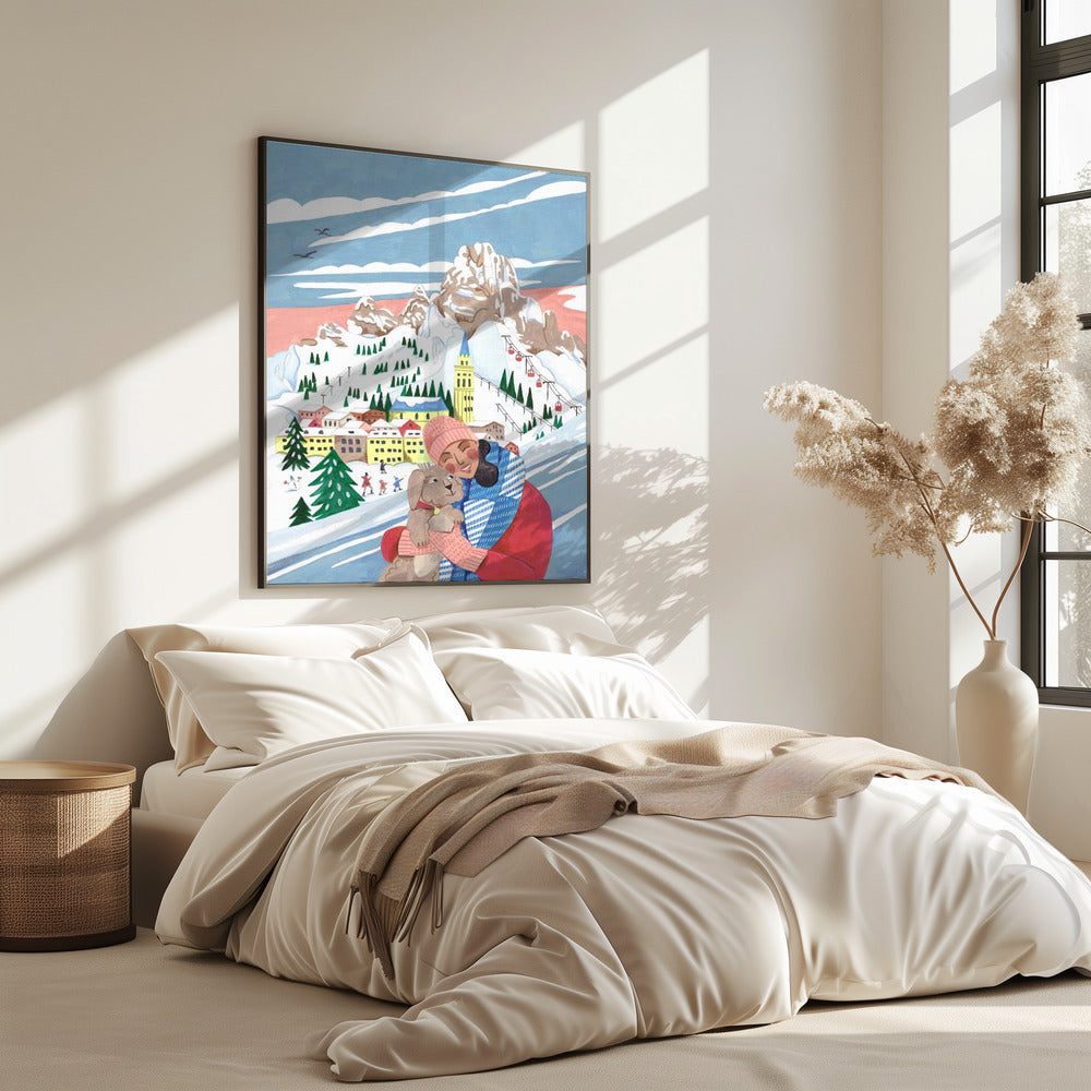 Winterlandschaft Frau und Hund | Poster