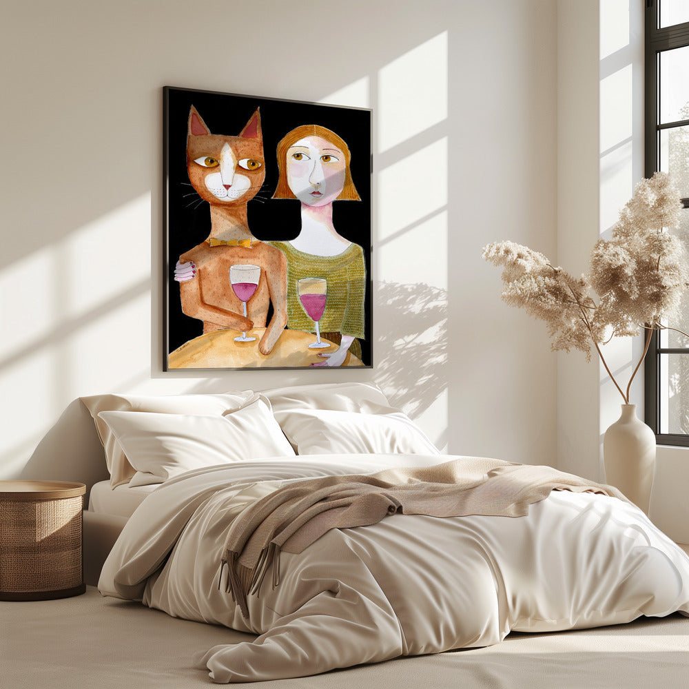 Beste Freunde Katze und Dame trinken Wein | Poster