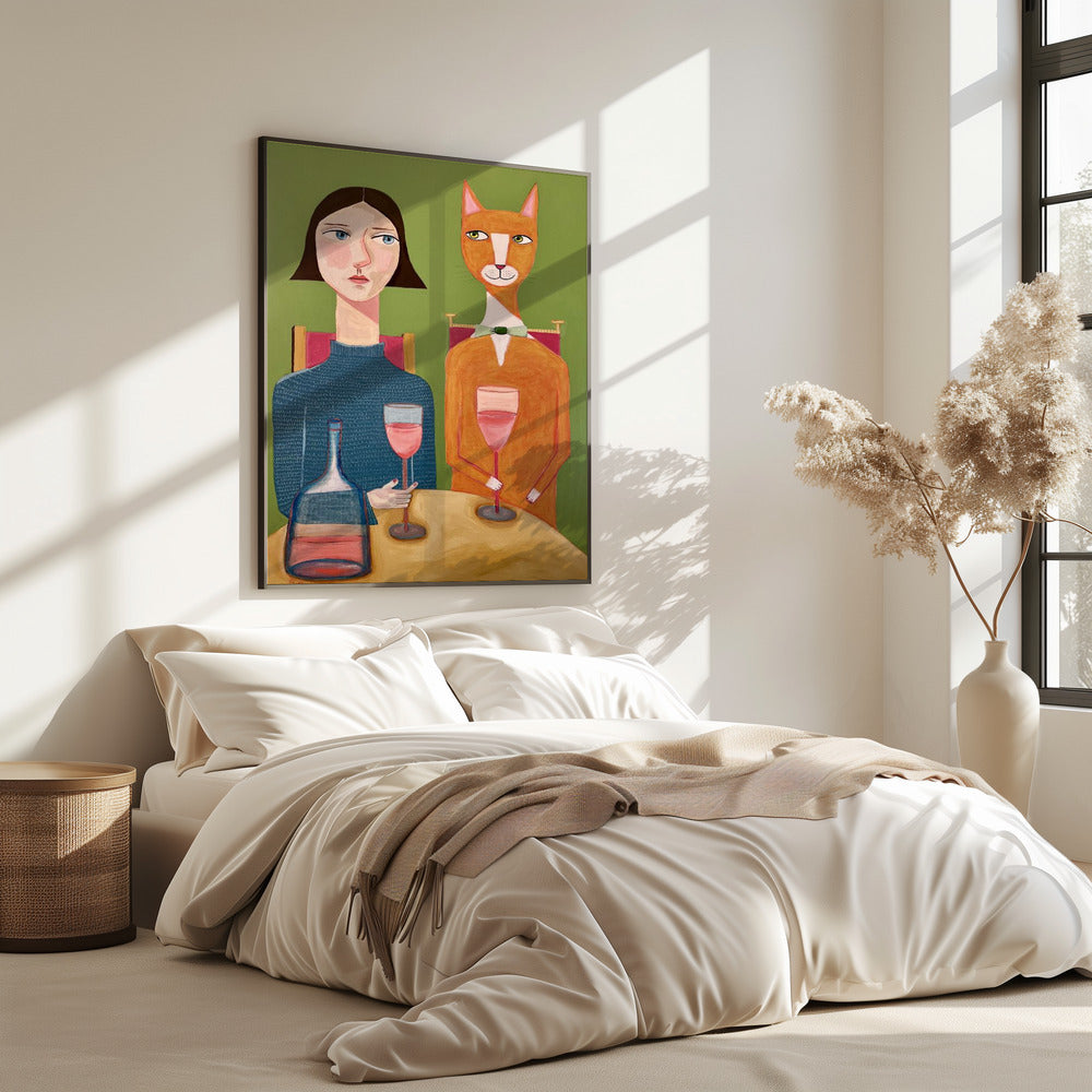 Dame und Katze trinken Wein | Poster