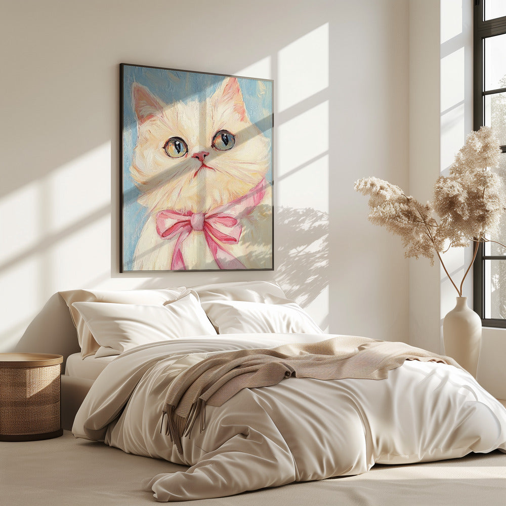 Rosa Schleife Weiße Katze | Poster