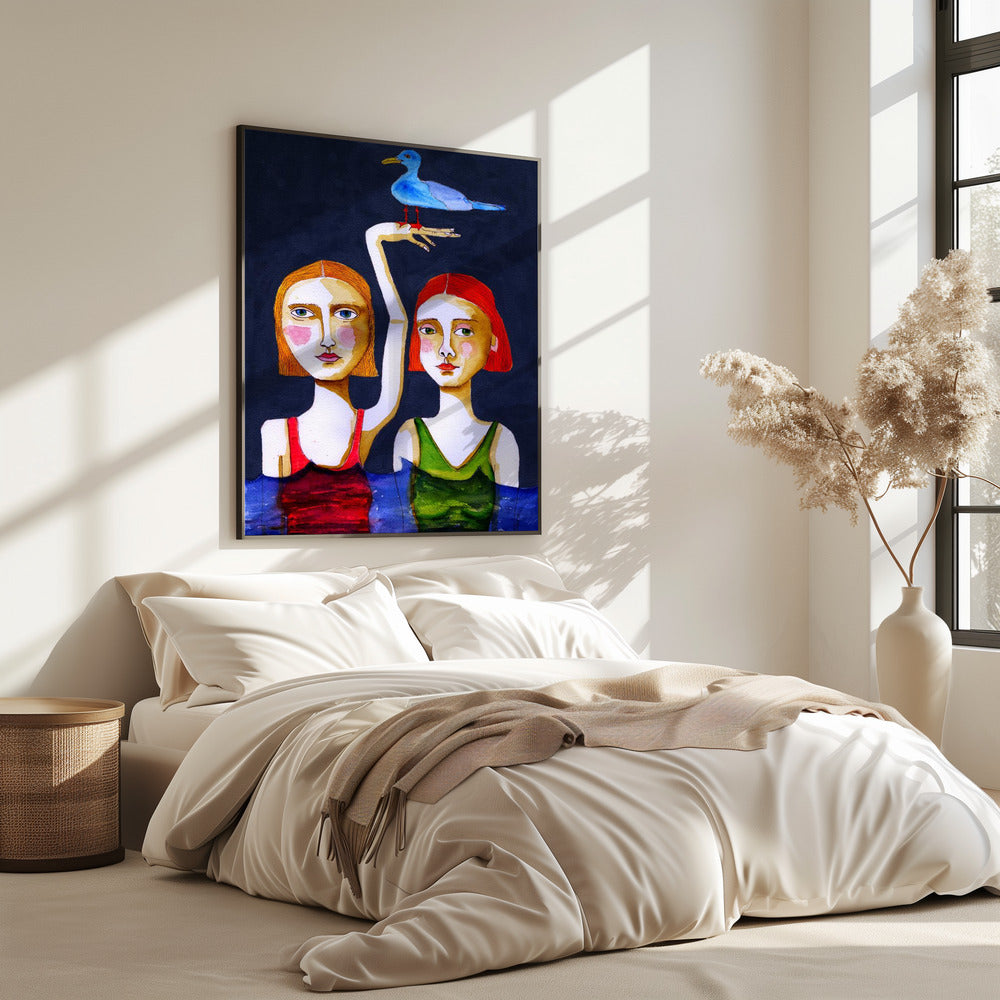 Schwimmende Mädchen mit blauer Möwe. | Poster