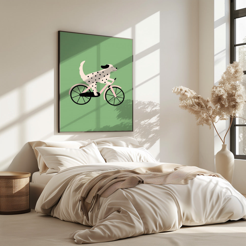 Gefleckter Hund beim Fahrradfahren | Poster