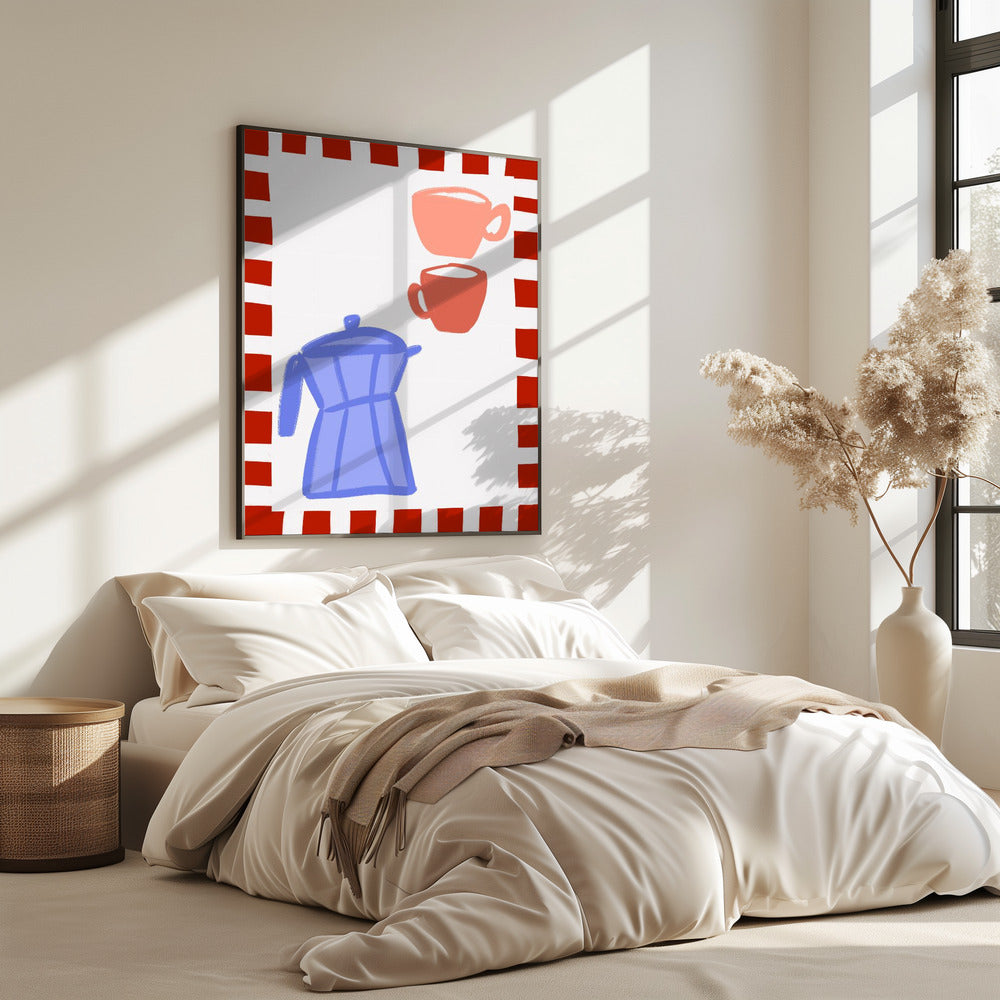 Minimalist Blue Coffee Pot and Two Pink Cups | Poster
