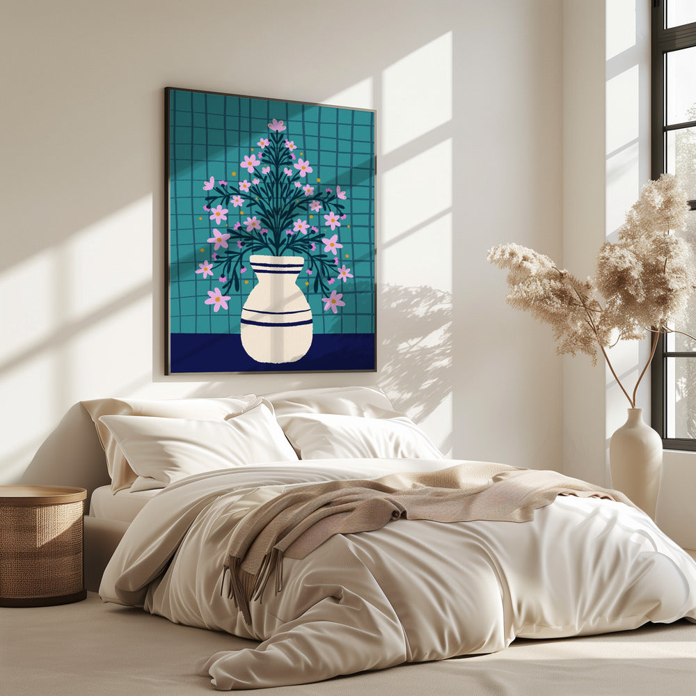 Türkisfarbene Blumen in einer Vase | Poster