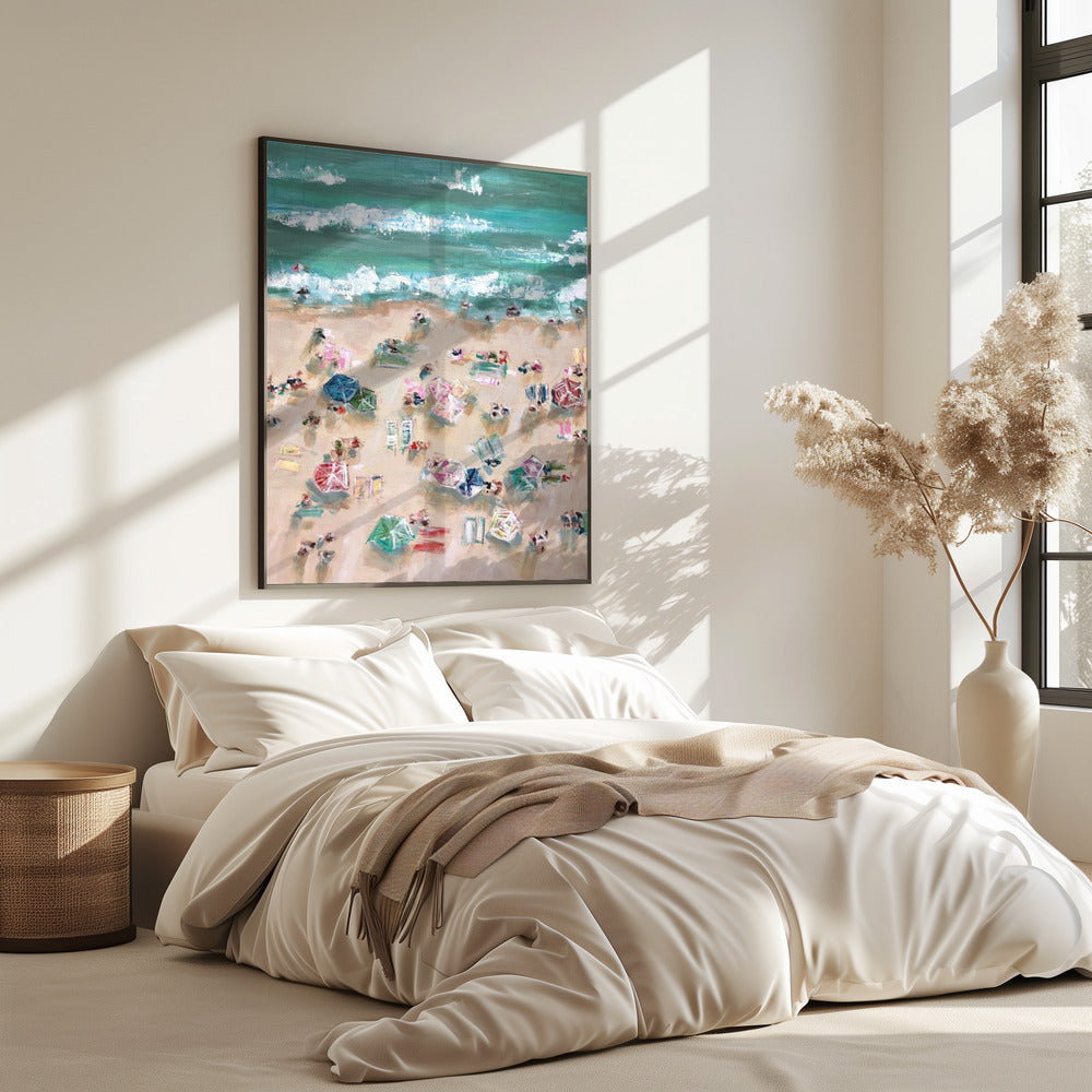 Colorful Umbrellas and Sunbathers on a Sandy Shore | Poster