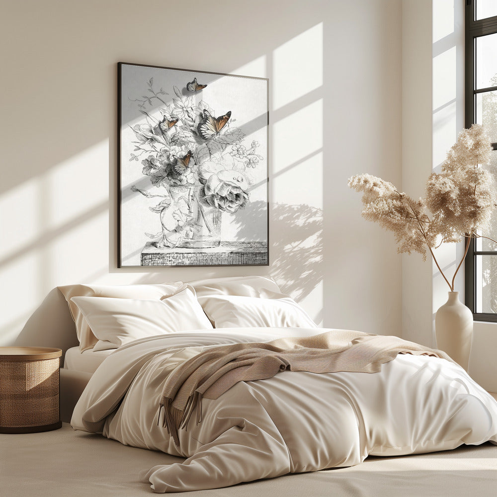 Die Schmetterlinge und die Vase mit Blumen | Poster
