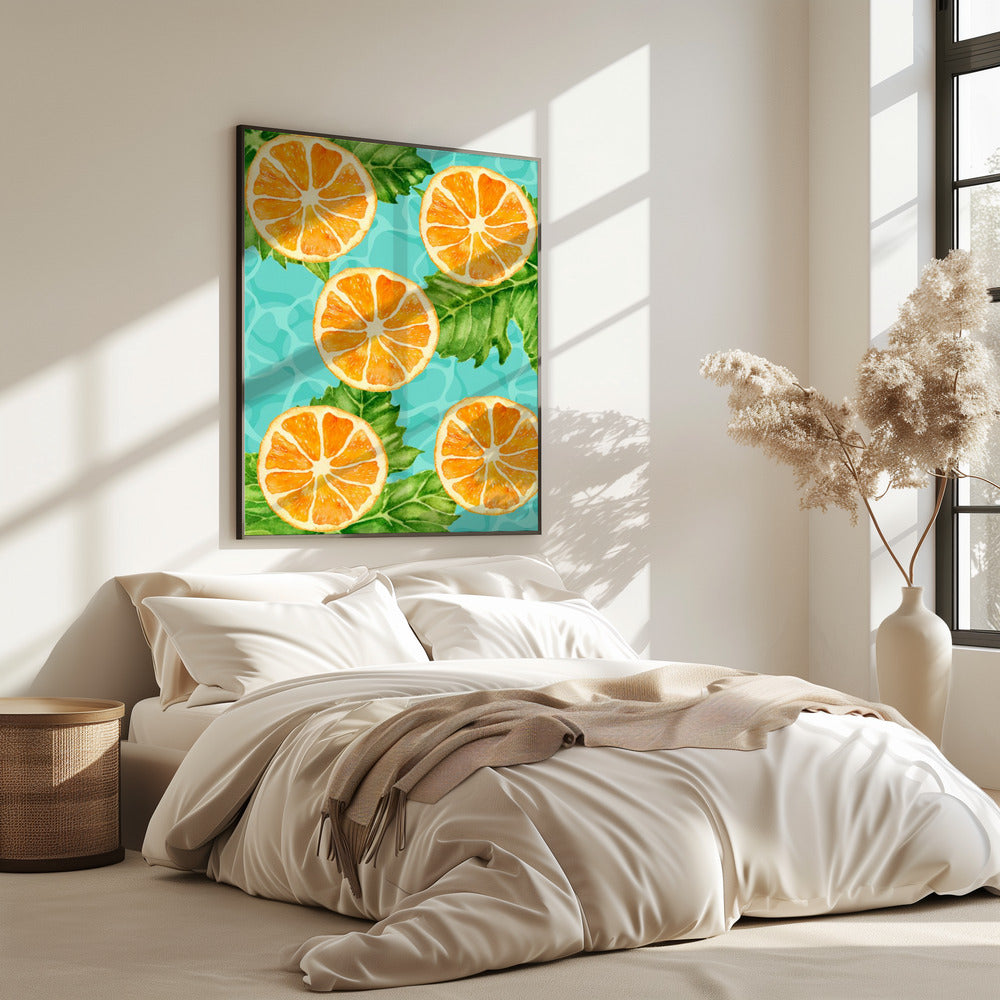 Lebendiges ästhetisches Muster aus Orangenscheiben und Blättern – Erfrischendes Sommer-Aquarell | Poster