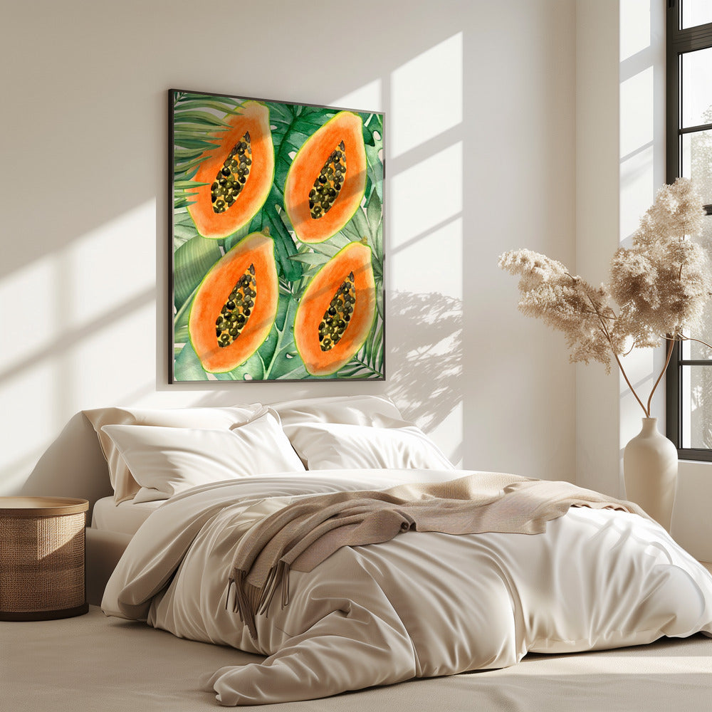 Exotic Papaya and Lush Green Leaves Aesthetic Pattern - Tropical Botanical Watercolor | Poster