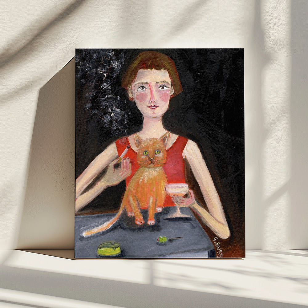 Vintage Frau mit Cocktail und Katze | Leinwand