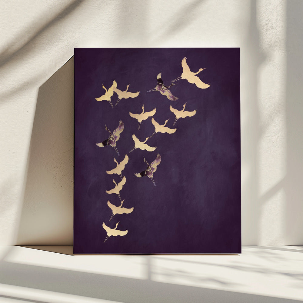 Lila fliegende Kraniche | Leinwand