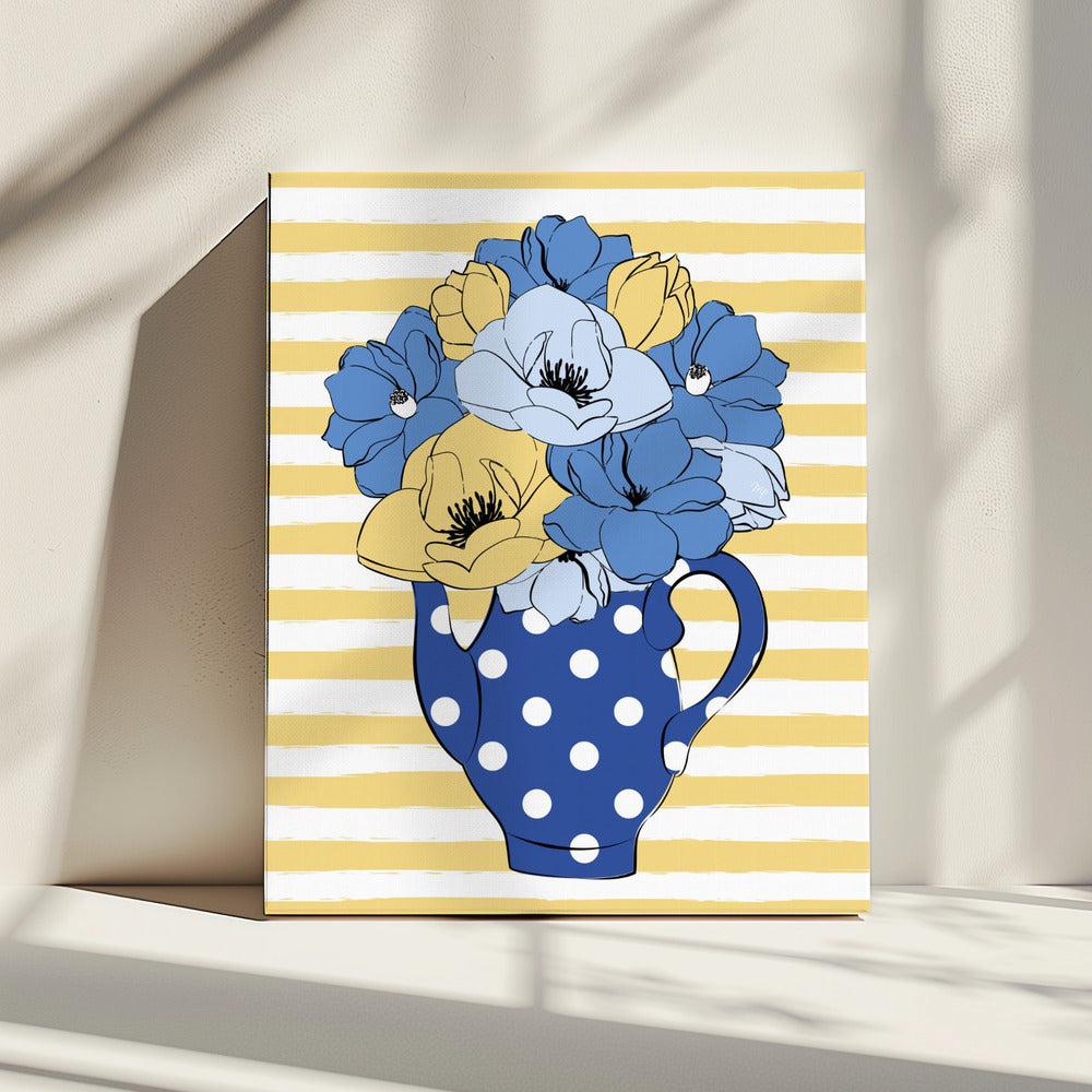 Blaue und gelbe Blumen in einer gepunkteten Vase | Leinwand