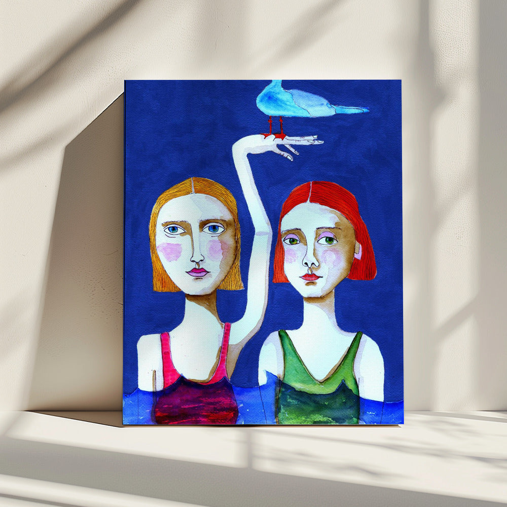 Schwimmende Damen mit blauem Vogel | Leinwand