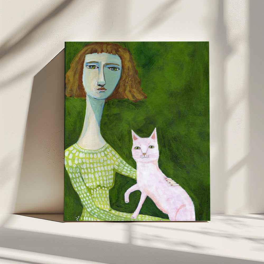 Katzendame mit rosa Katze | Leinwand
