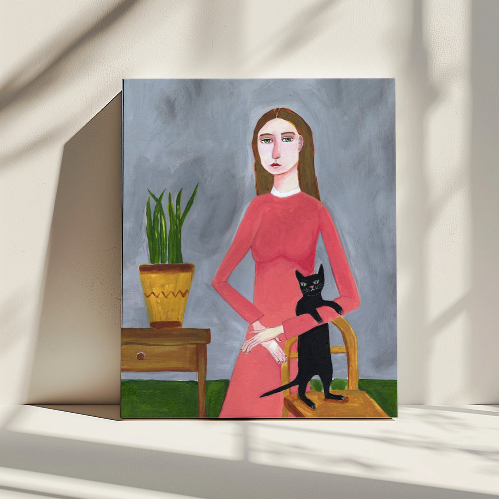 Katzendame mit schwarzer Katze | Leinwand