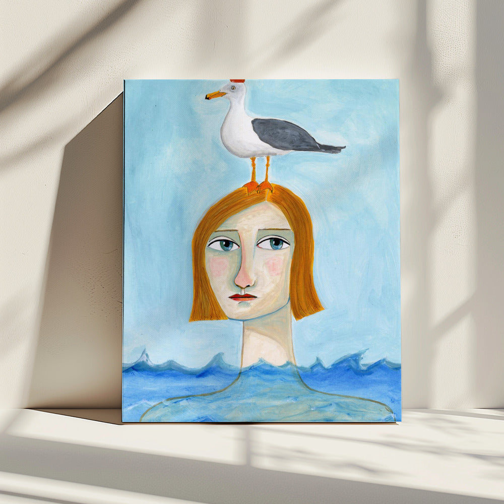 Nackte Dame im Ozean mit Möwe | Leinwand