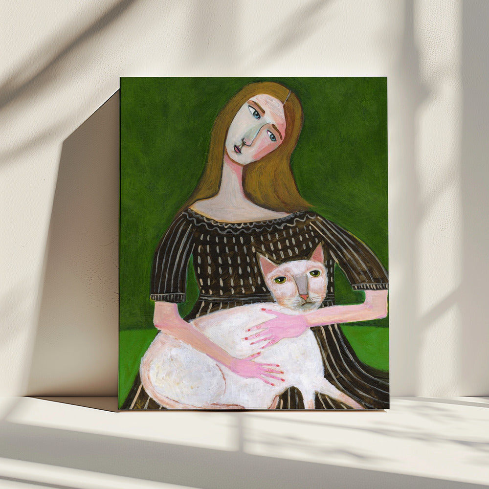 Vintage-Dame mit weißer Katze | Leinwand