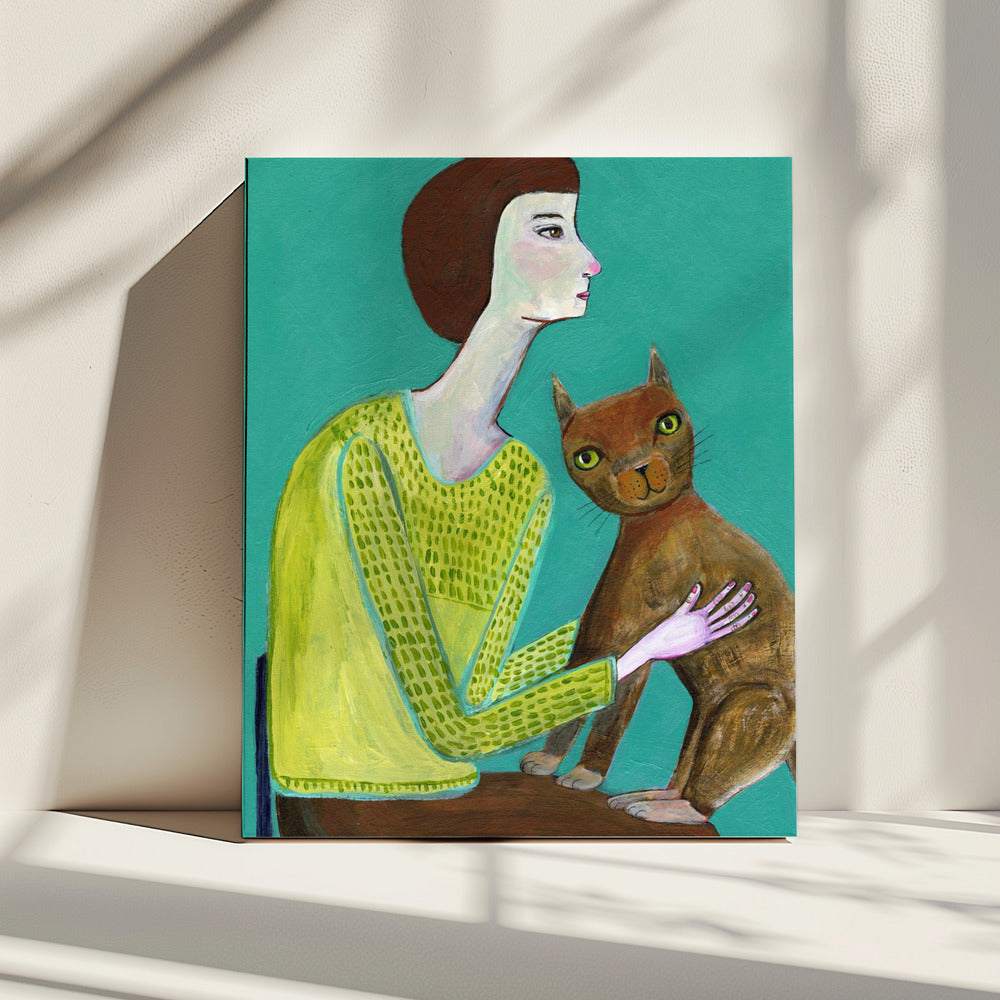Dame sitzt mit brauner Katze Katzenliebhaber | Leinwand