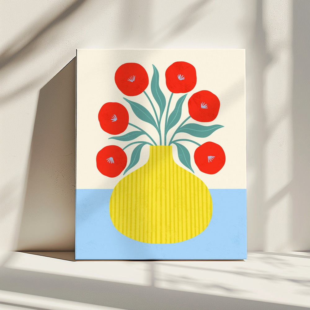 Rote Blumen in gelber Vase | Leinwand