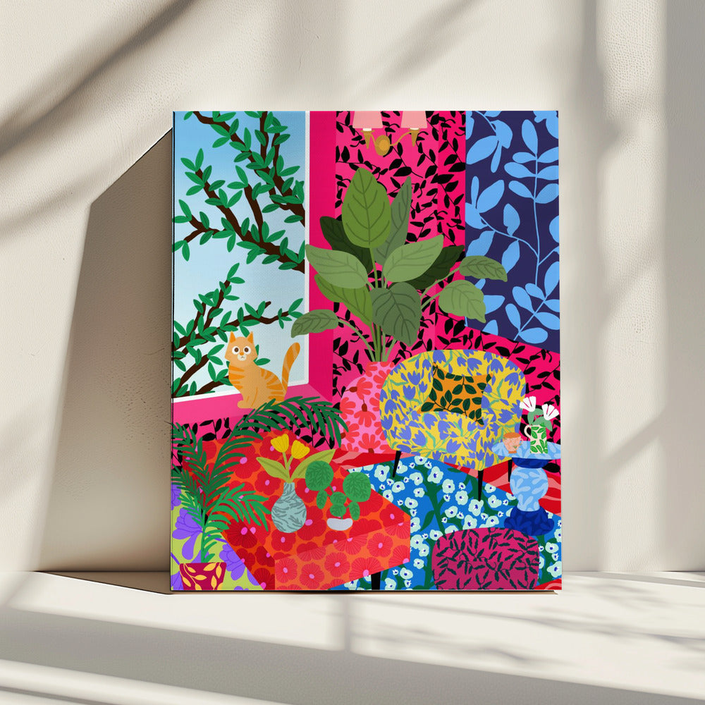 Katze im Flower Power Wohnzimmer | Leinwand