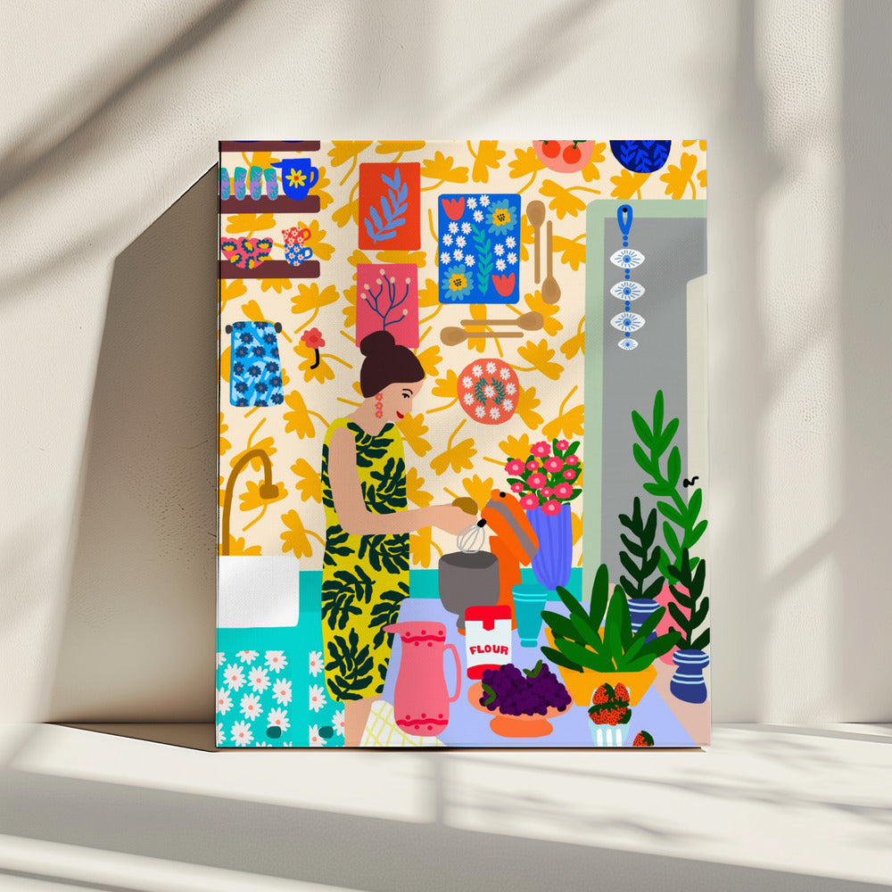 Eine Frau in einer Küche mit Blumen | Leinwand