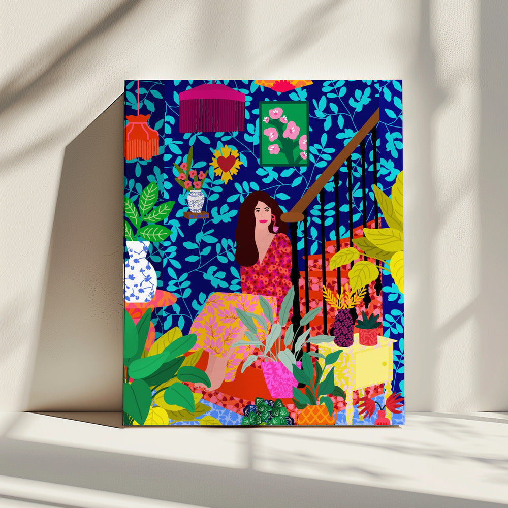 Frau auf der Treppe | Leinwand