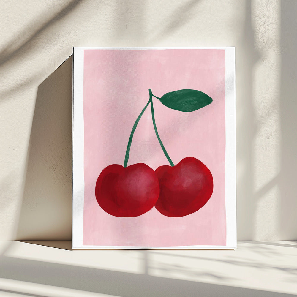 Rote Kirschen mit grünem Blatt | Leinwand
