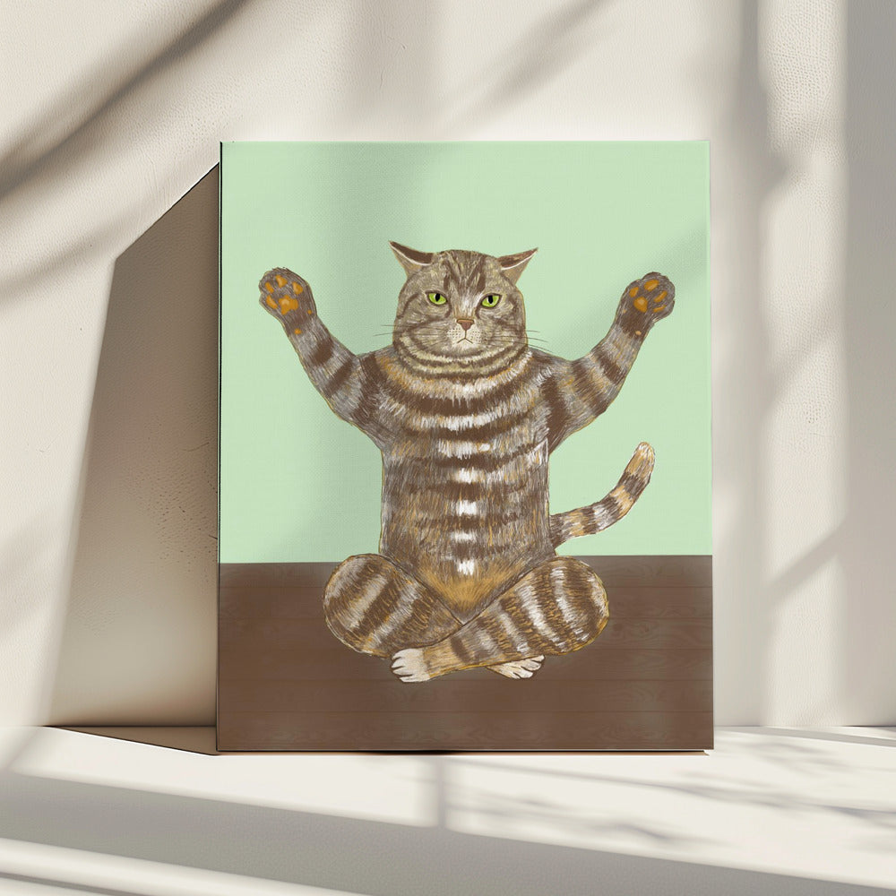 Yoga Katze Hellgrün Hintergrund | Leinwand