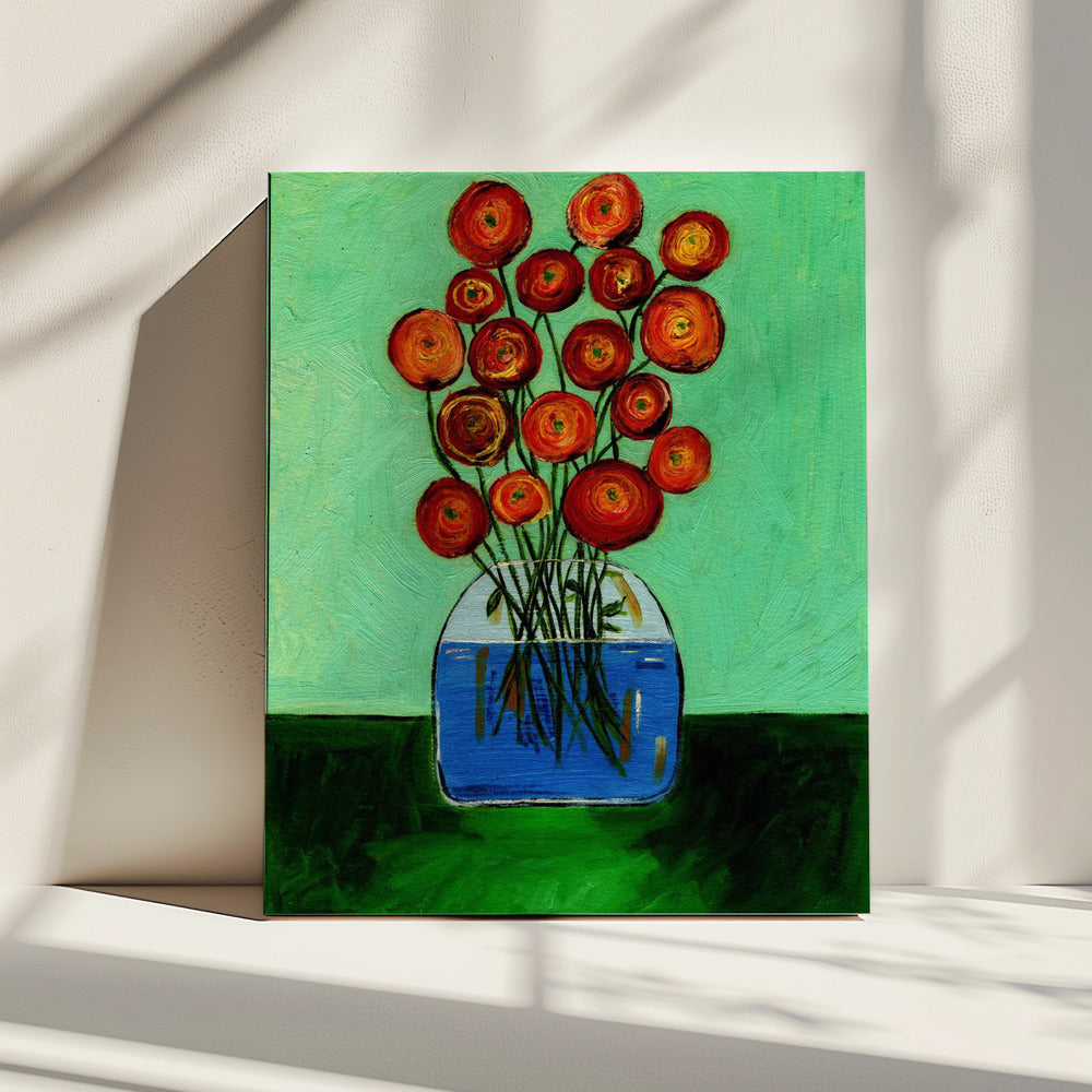 Mohnblumen in Vase Grüne Version | Leinwand