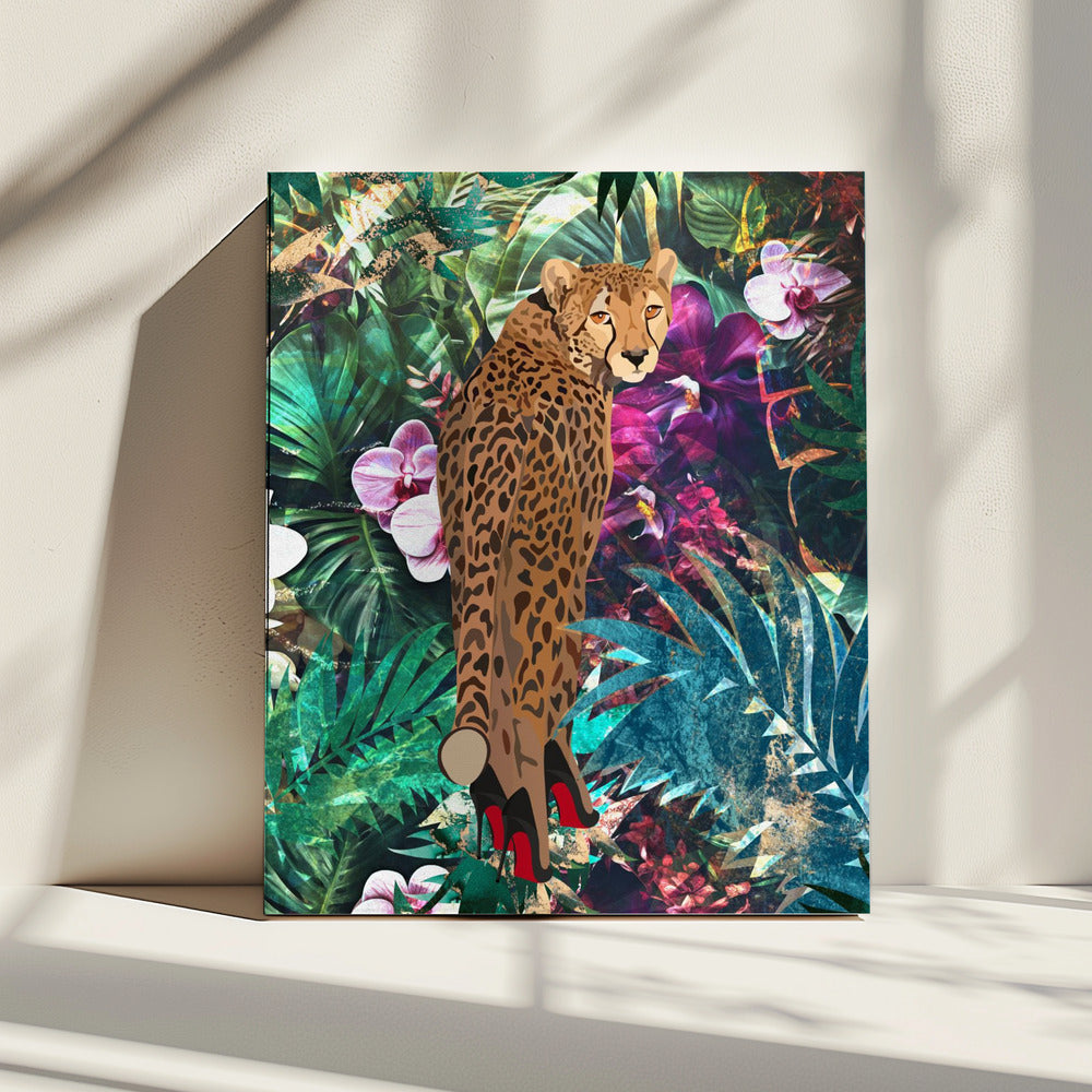 Tropischer Blumendschungel - Gepard in High Heels | Leinwand