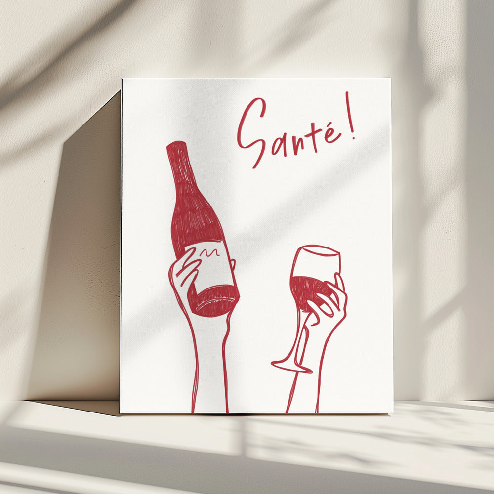 Hände halten eine Weinflasche und ein Weinglas mit dem Text „Prost!“ auf Französisch | Leinwand