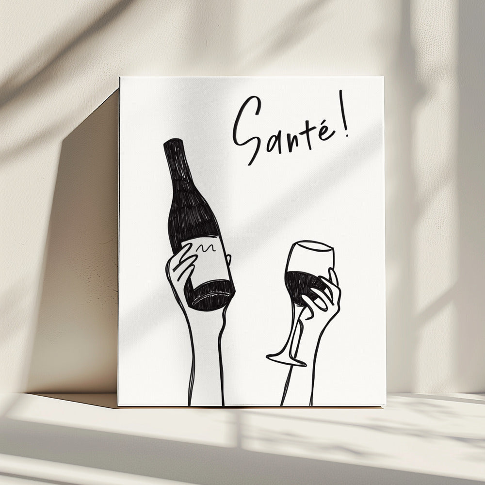 Hände halten eine Weinflasche und ein Weinglas mit dem Text „Prost!“ auf Französisch | Leinwand