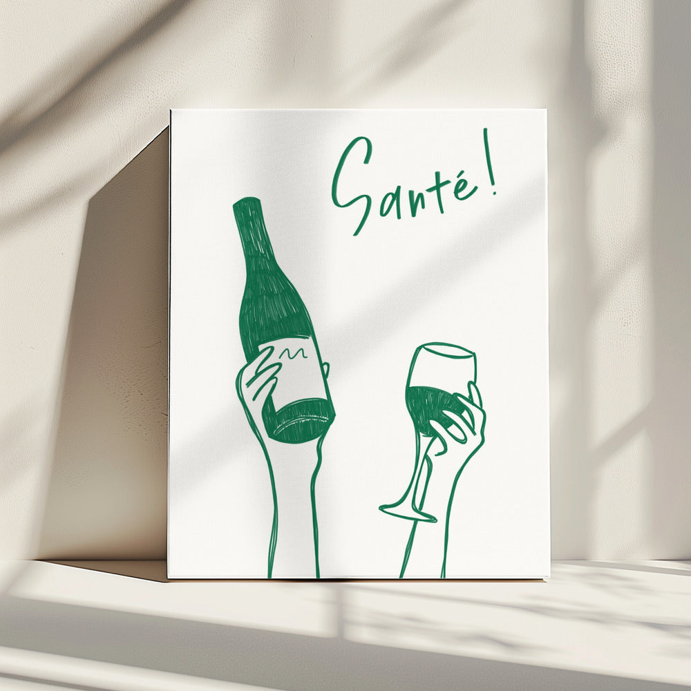 Hände halten eine Weinflasche und ein Weinglas mit dem Text „Prost!“ auf Französisch | Leinwand