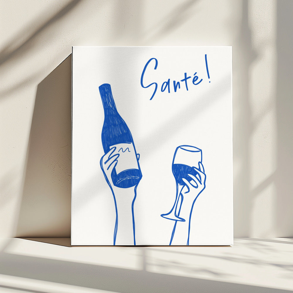 Hände halten eine Weinflasche und ein Weinglas mit dem Text „Prost!“ auf Französisch | Leinwand