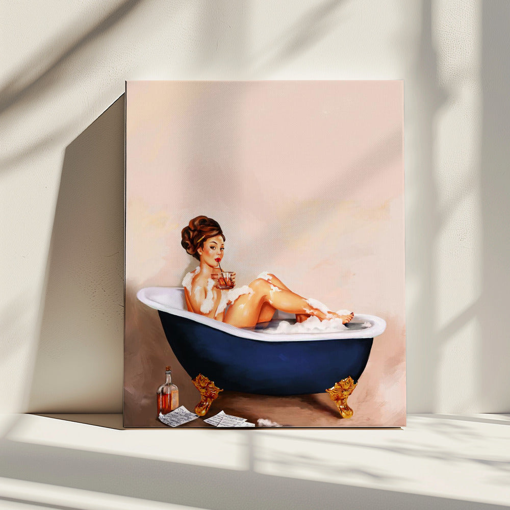 Bathtub Drinks: Pinup Girl Drinking In Bathroom | Canvas