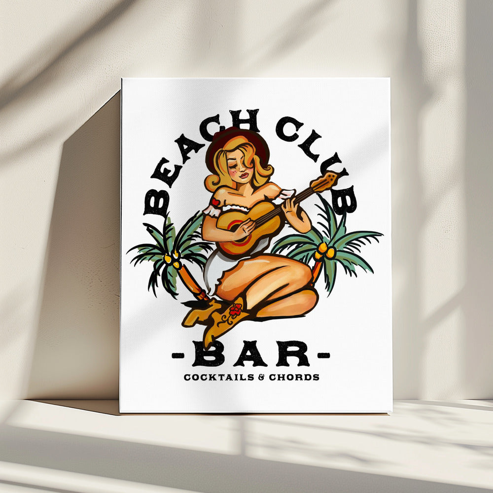 Beach Club Bar. Sailor Jerry Style Pin-up Girl Playing Guitar | Canvas