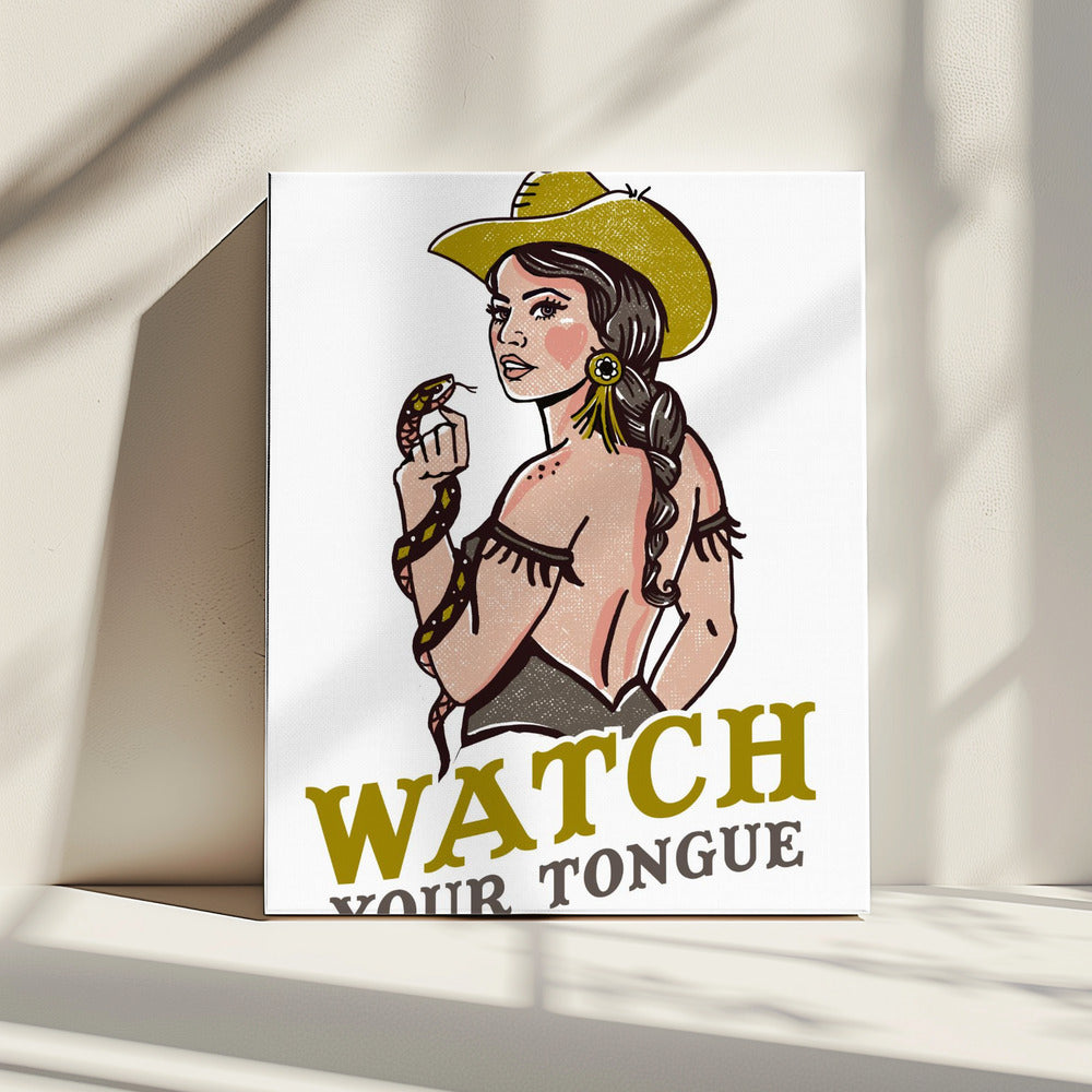 Pass auf deine Zunge auf Badass Pin-Up Cowgirl & Klapperschlange | Leinwand