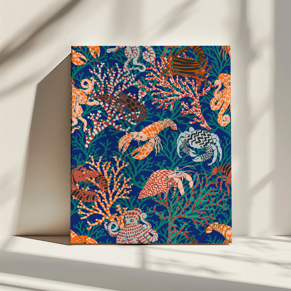 Lebendiges Korallenriff-Muster in Blau und Orange | Leinwand