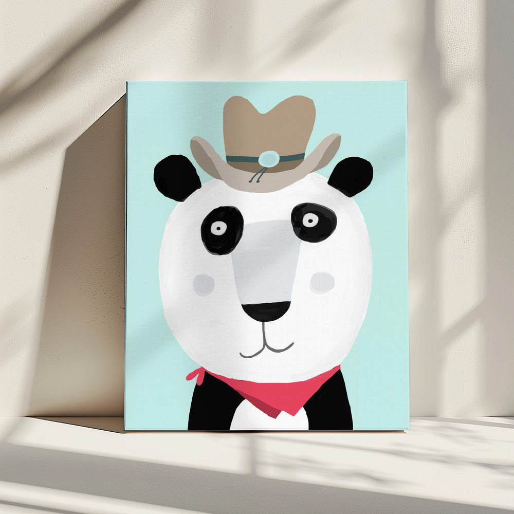 Lustiger Panda mit Cowboyhut von Künstlerin Carla Daly | Leinwand