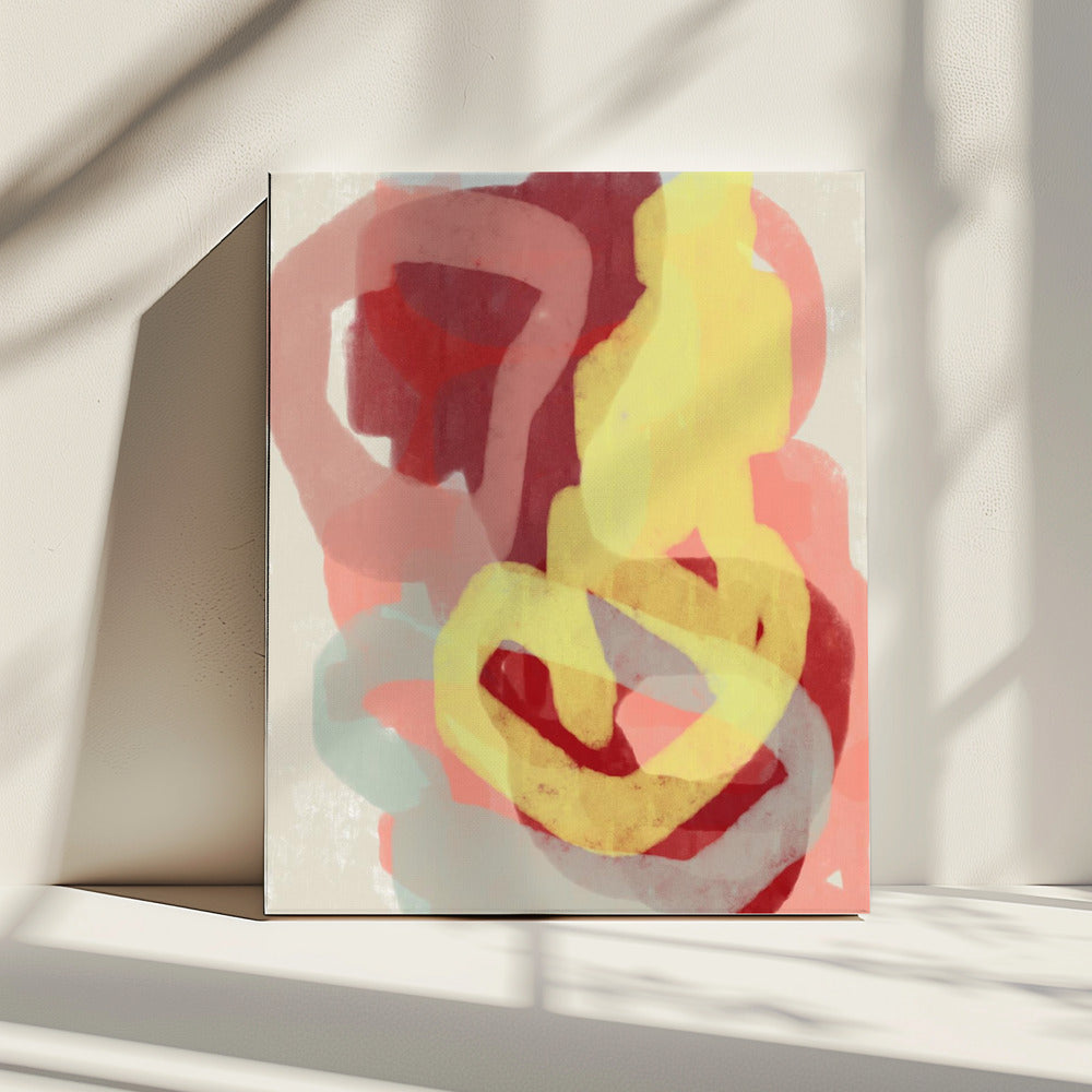 Abstraktes Gemälde in Pastell. Gelb, Rot und Grau. | Leinwand