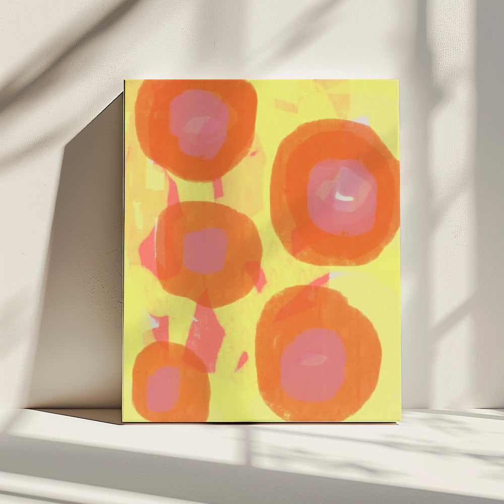 Abstraktes Gemälde. Boho-Rosen in Orange und Pink auf Gelb. | Leinwand