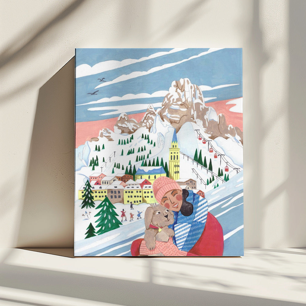 Winterszene Frau und Hund | Leinwand