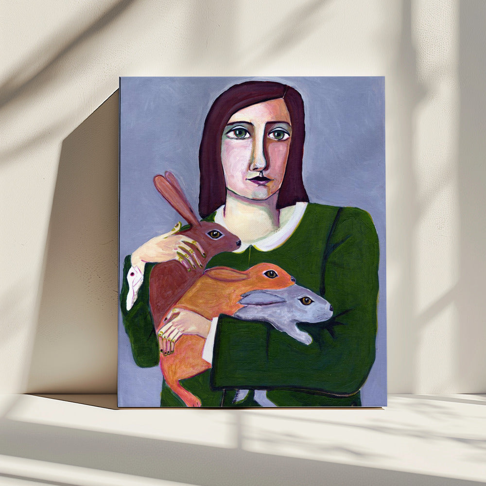 Dame mit drei Kaninchen | Leinwand